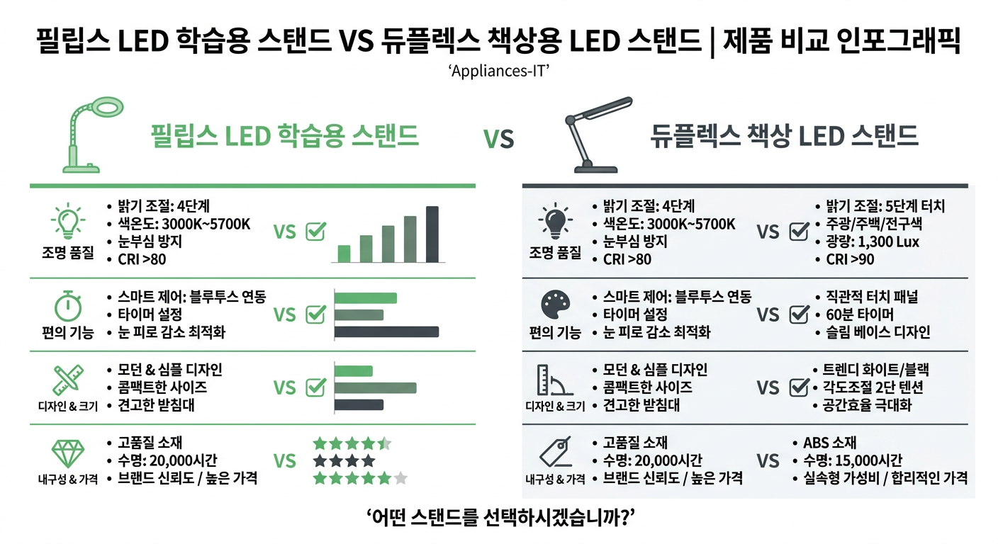 필립스 LED 학습용 스탠드 vs 듀플렉스 책상용 LED 스탠드 비교