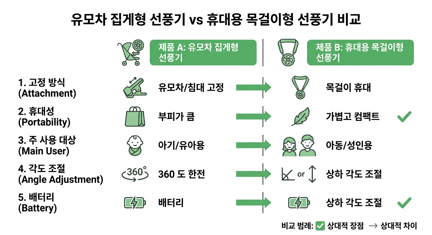 유모차 집게형 선풍기 vs 휴대용 목걸이형 선풍기 비교