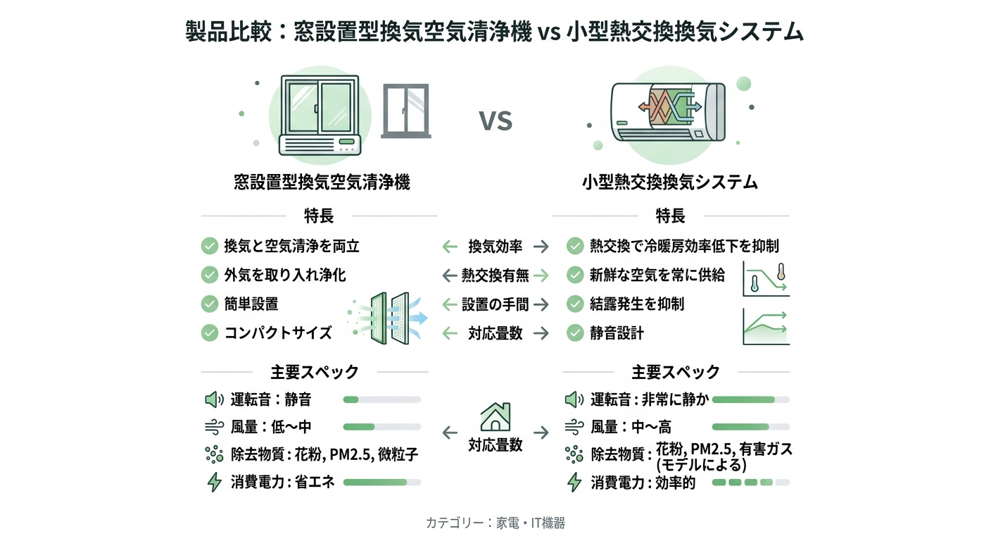 窓設置型換気空気清浄機 vs 小型熱交換換気システム 비교