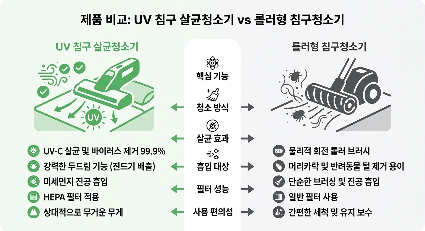UV 침구 살균청소기 vs 롤러형 침구청소기 비교