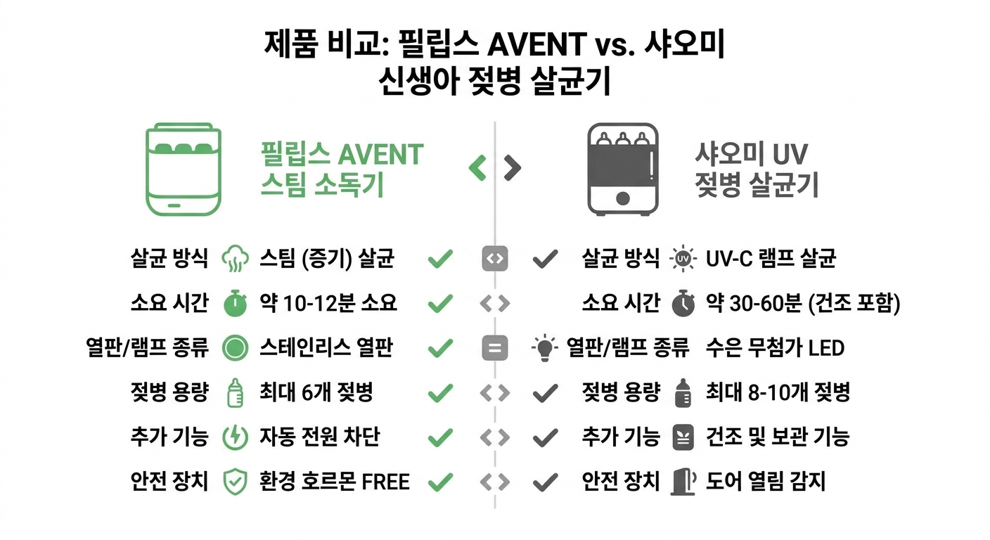 필립스 AVENT 스팀 소독기 vs 샤오미 UV 젖병 살균기 비교