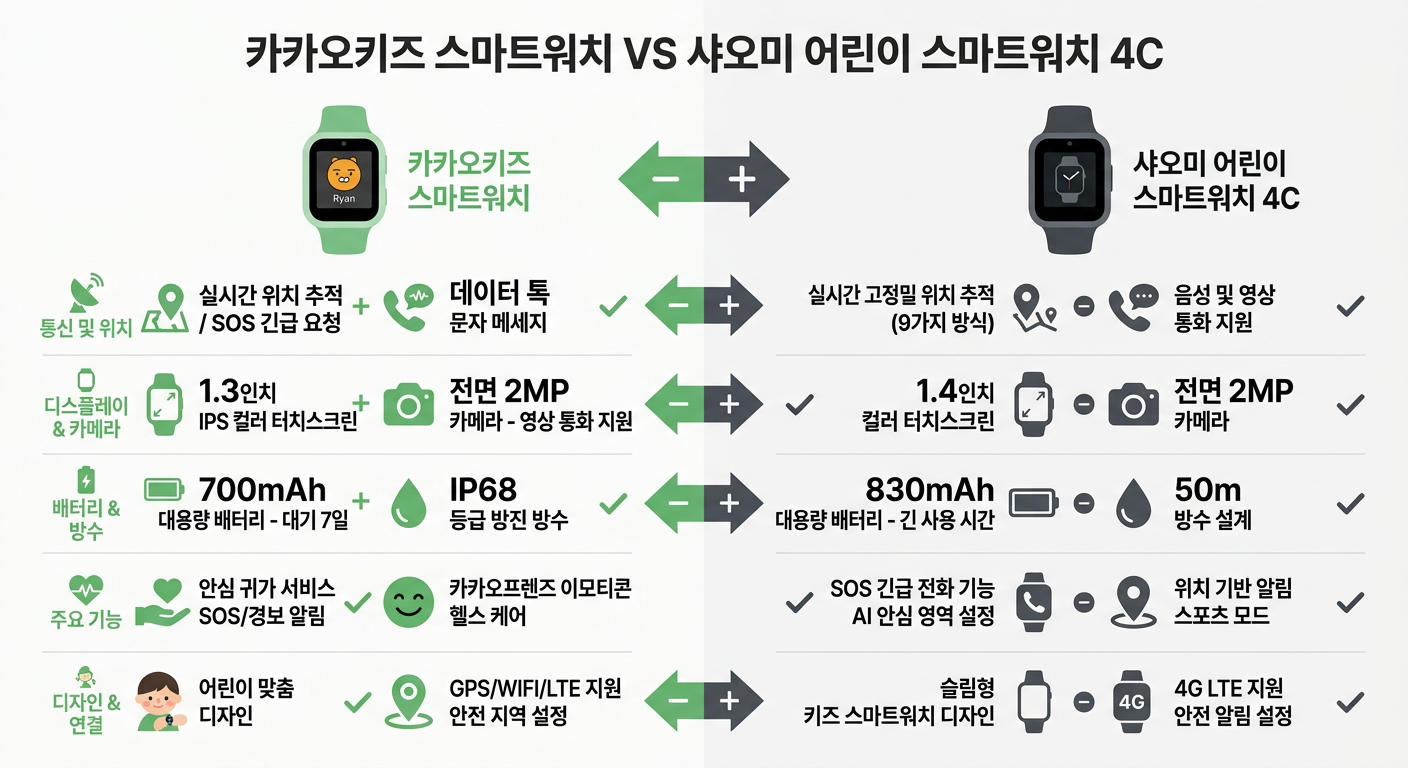카카오키즈 스마트워치 vs 샤오미 어린이 스마트워치 4C 비교