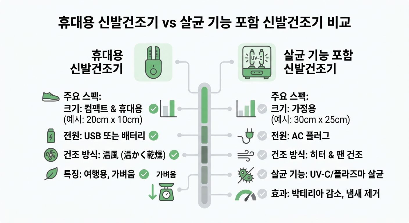 휴대용 신발건조기 vs 살균 기능 포함 신발건조기 비교