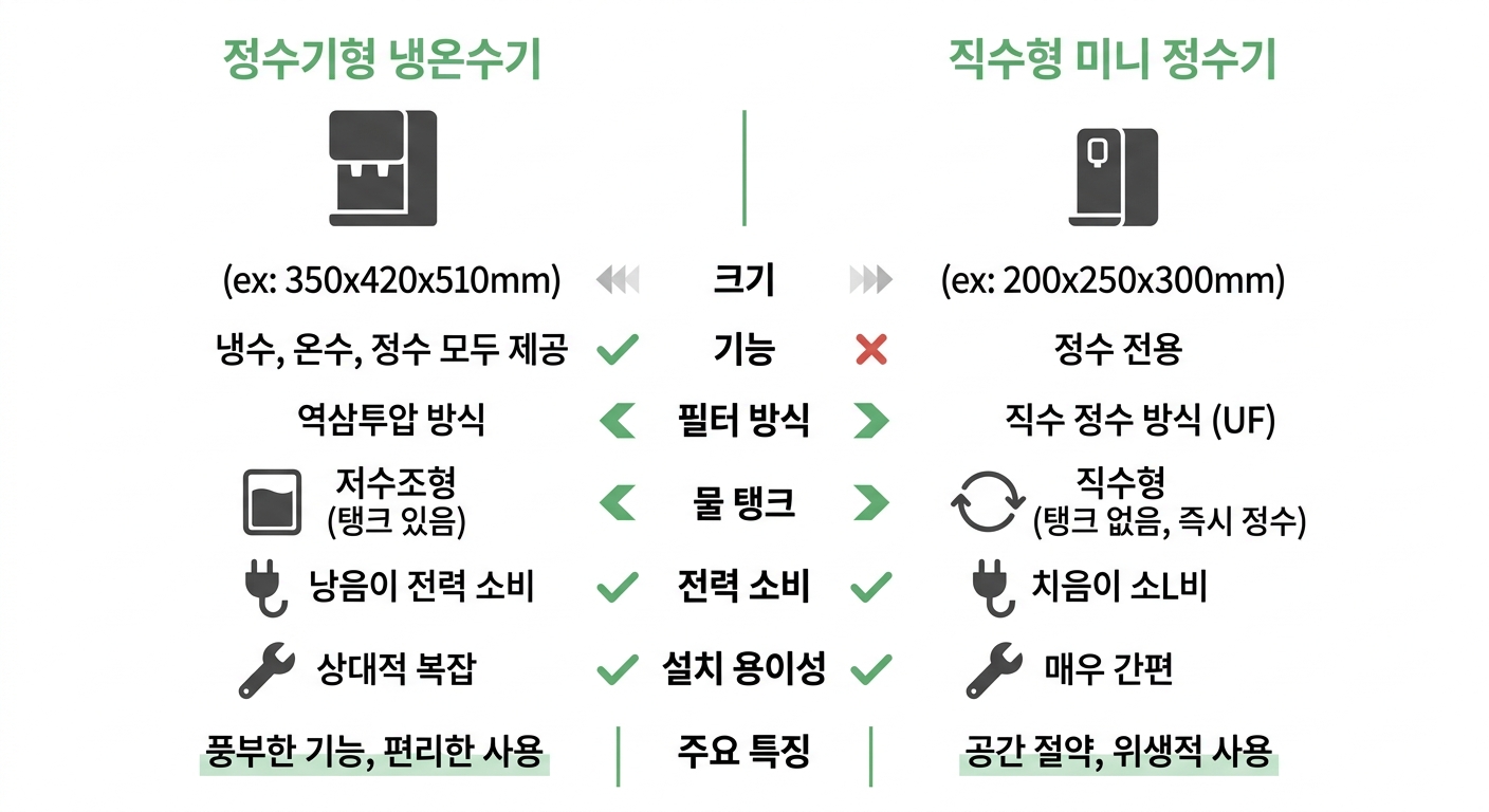 정수기형 냉온수기 vs 직수형 미니 정수기 비교